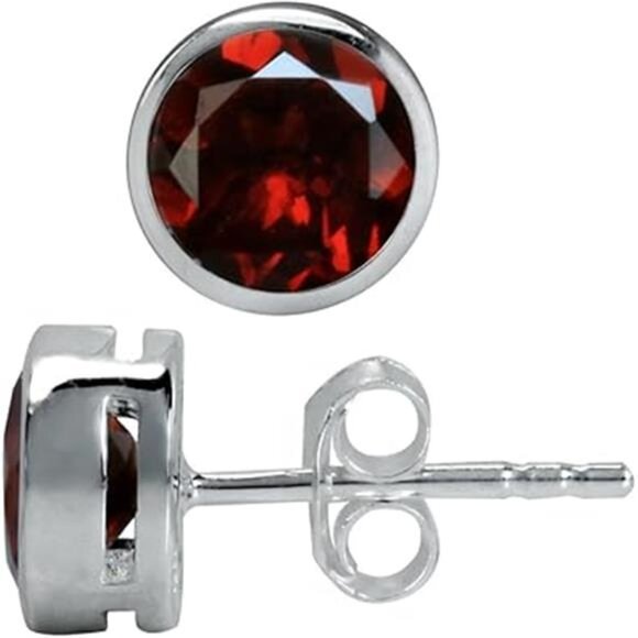 6MM Round Shape Bazel Set Birthstone Gemstone 925 Sterling Silver Stud - Picture 4 of 4